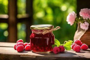 AI generated Raspberry jam in jar on wooden table photo