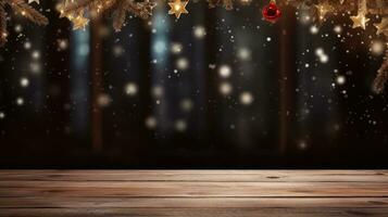 AI generated Empty wooden table with christmas theme in background photo