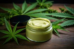 AI generated Medicinal light green hemp ointment with green hemp leaves photo