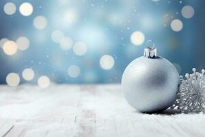 AI generated Christmas background with Christmas decorations. Blue balls and silver snowflakes photo