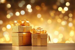 AI generated Christmas background with golden presents or gifts in box photo