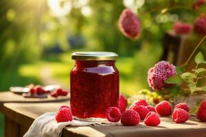 AI generated Raspberry jam in jar on wooden table photo