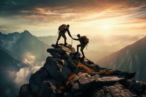 AI generated Hikers help each other to reach the top of the mountain range photo