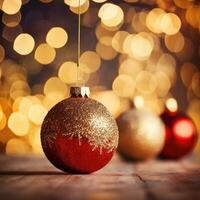 AI generated Red and Gold Christmas balls with bokeh lights. Merry Christmas ornaments. photo