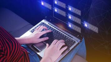 Woman using a laptop computer to Blockchain technology concept with chain of encrypted blocks to secure cryptocurrencies and bitcoin for online payments and money transaction. photo