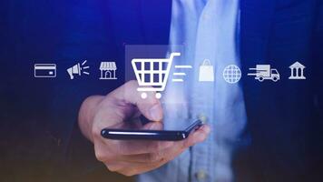 Shopping Online. Using Smartphone shopping online. shopping cart and business icons with virtual, business delivery e-commerce, shopping on internet, offers home delivery. photo