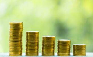 Business Finance and Money concept, Money coin stack growing graph with green tree bokeh background,investment concept photo
