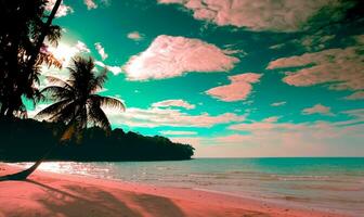 Silhouette of beautiful sunset on the sea beach with palm tree for travel in holiday relax time, photo