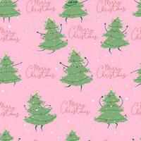 Seamless pattern with kawaii doodle Christmas tree dancing isolated on pink background. Children's handmade naive style. Simple New Year character happy spruce for festive packaging and textiles vector