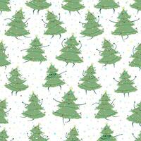 Seamless pattern with kawaii doodle Christmas tree dancing. Children's handmade naive style. Simple New Year character happy spruce for festive packaging and textiles. vector