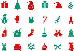 Christmas design elements icon. Jingle bells with bow, ball, fir tree, gift box, cap, cone, candy cane, candle, snowman, Santa Claus. Holiday accessories set. Happy New Year vector illustration.