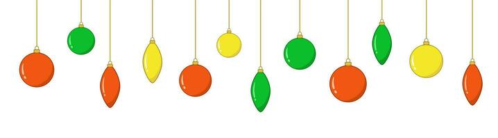 Christmas background with tree toys. Green, red, yellow glass balls and cones hanging. Happy New Year vector illustration.