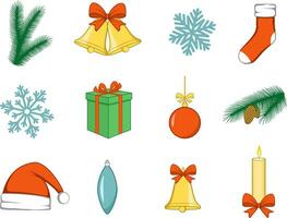 Christmas design elements. Jingle bells with bow, tree branch with cone, toy, ball, gift box, snowflake, cap, sock, candle. Festive accessories. Happy New Year vector illustration.