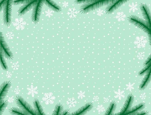 Christmas background with white snowflakes and fir branches. Holiday card or greeting card. Happy New Year vector illustration.