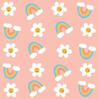 Pattern with cute little smiling flowers and rainbows in kawaii style with a pink background ready to print t-shirts, mugs and more vector