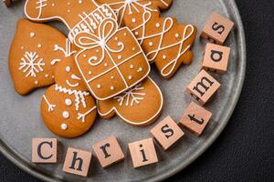 Beautiful Christmas composition with copy space with an inscription in wooden cubes photo