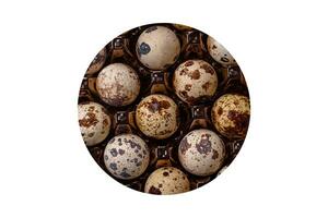 Raw quail eggs in a plastic box on a dark concrete background photo