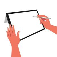 Hands writing, drawing, painting on blank tablet with stylus pen for digital painting, graphic design or lecture flat vector illustration. Working on blank space tablet.