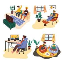 Set of happy people playing game console, mobile game, handheld game and computer game at free time at home and in their room flat vector illustration. Kids spend their time together with video game.