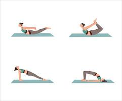 Set of young woman doing yoga excercise isolated white background flat vector illustration. Yoga at home for healthy life.