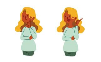 A thinking woman and get good idea flat vector illustration. A portrait of woman make an decision by touching her chin or her head. A woman thinking and solve the problem.