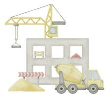 Building Construction Watercolor illustration. Hand drawn clip art of concrete mixer and lifting crane on isolated background. Baby boy tshirt print. Drawing of hoisting machine and house frame vector