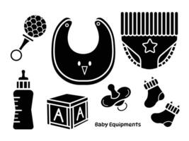 Baby equipments vector icon set collection group black silhouette shadow isolated on plain white background. Simple flat cartoon art styled with kids or children themed drawing.