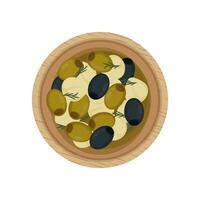 Vector illustration of top view marinating mozzarella cheese balls with olive