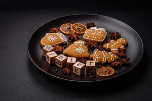 Beautiful Christmas composition with copy space with an inscription in wooden cubes photo