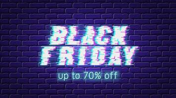 Black Friday inscription in glitch style, signal interference on TV. Sale promotion banner on a dark brick wall. Dark tones design template with neon glow. vector