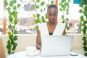 stylish woman working on laptop,a radiant smile,she effortlessly multitasks on her laptop photo