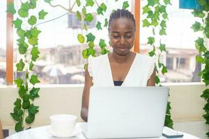 stylish woman working on laptop,a radiant smile,she effortlessly multitasks on her laptop photo