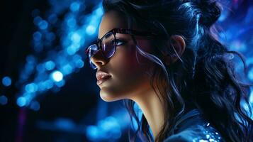 AI Generated Closeup portrait of a young girl wearing glasses in neon light. Cyber background. Generative AI photo