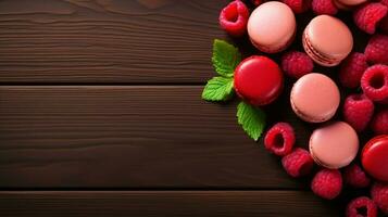 AI Generated Macarons on the table. Delicious french desserts. Macaroons with raspberries and delicious cream. Generative AI photo