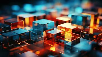 AI Generated Abstract geometric background of square shapes, translucent glass with a neon gradient. Generative AI photo