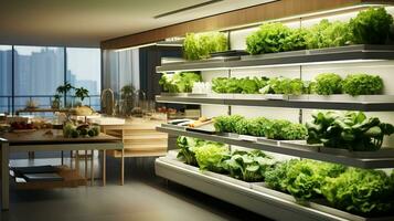 AI Generated Minimalist vegetable farm, easily integrated into a modern apartment with neutral colors and clean lines. Generative AI photo