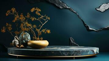 AI Generated Azure podium for various crafts, in a minimalist style with places for copying. Stone with golden lines. Generative AI photo