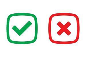 Green tick and red cross checkmarks in flat icons. Yes or no symbol, approved or rejected icon for user interface. vector