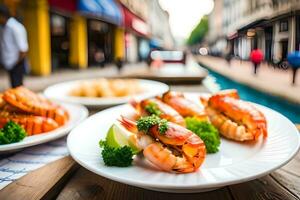 AI generated plates of shrimp and vegetables on a table. AI-Generated photo