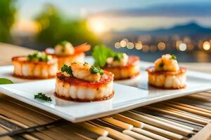 AI generated small shrimp appetizers on a white plate. AI-Generated photo