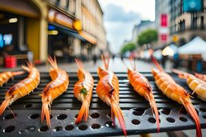 AI generated grilled shrimp on a grill in a city. AI-Generated photo