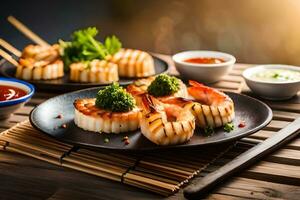 AI generated grilled shrimp on a plate with sauce and dipping sauce. AI-Generated photo