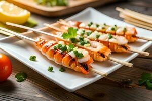 AI generated grilled shrimp skewers on a plate with lemon and parsley. AI-Generated photo