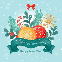 Merry Christmas and Happy New Year. Cute greeting card, poster, banner. Xmas design. Vector illustration