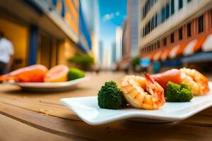 AI generated a plate with shrimp and broccoli on it. AI-Generated photo