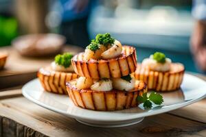 AI generated a plate of food with scallops on top. AI-Generated photo