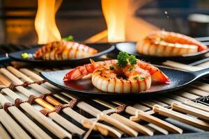 AI generated grilled shrimp on a grill with a fire. AI-Generated photo