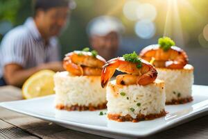 AI generated three shrimp on rice with lemon wedges. AI-Generated photo