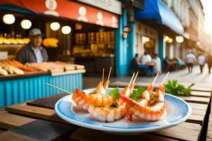 AI generated a plate of shrimp on a wooden table in front of a restaurant. AI-Generated photo