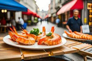 AI generated a man is standing in front of a table with shrimp. AI-Generated photo